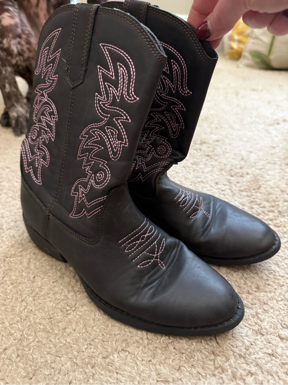 Deer Stags Black Kids Cowgirl Boots with Pink Stitching